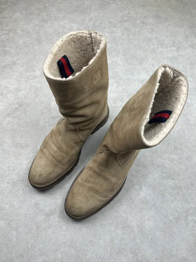 2000s Gucci Beige Suede Shearling Web Boots lBfoWSq 2
