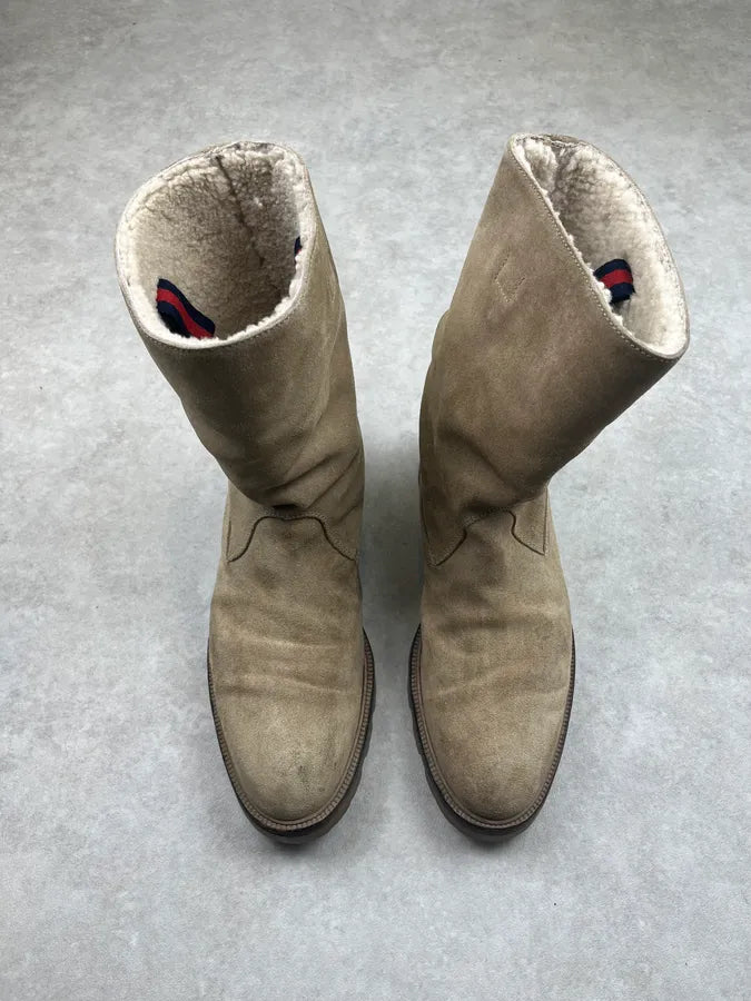 2000s Gucci Beige Suede Shearling Web Boots lBfoWSq 4