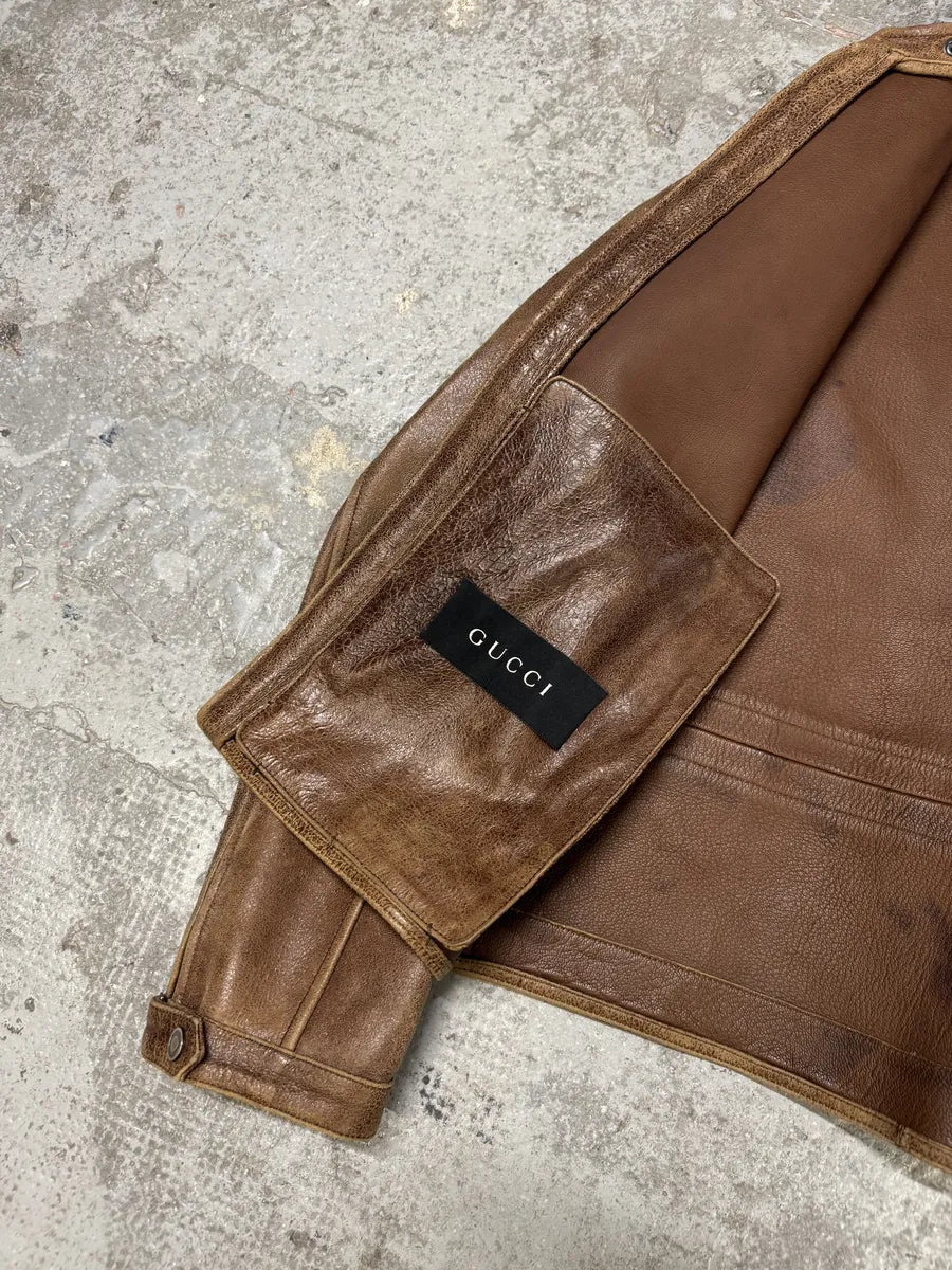 SS2003 Gucci Biker Aged Brown Leather Jacket by Tom Ford JOJkETc 9