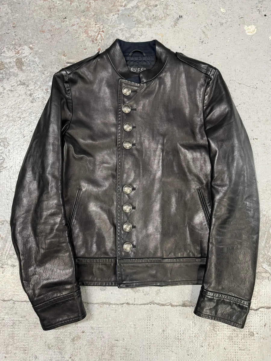 2000s Gucci Black Asymmetrical Buttoned Leather Jacket KZoqrWy 0