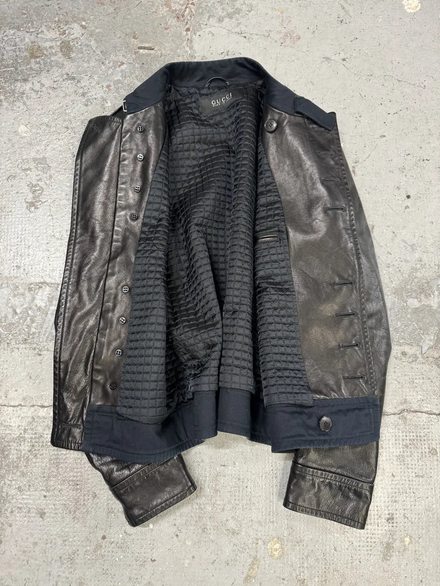2000s Gucci Black Asymmetrical Buttoned Leather Jacket KZoqrWy 10