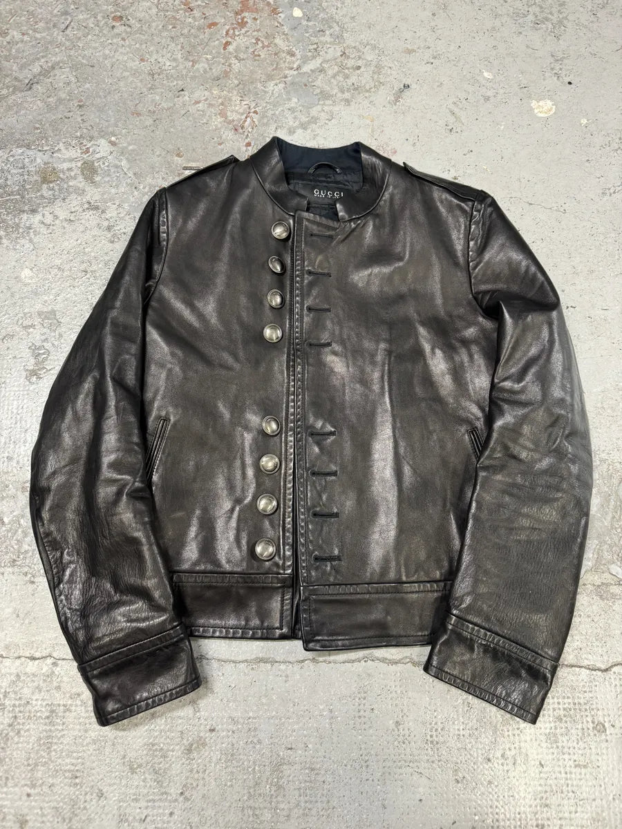 2000s Gucci Black Asymmetrical Buttoned Leather Jacket KZoqrWy 4