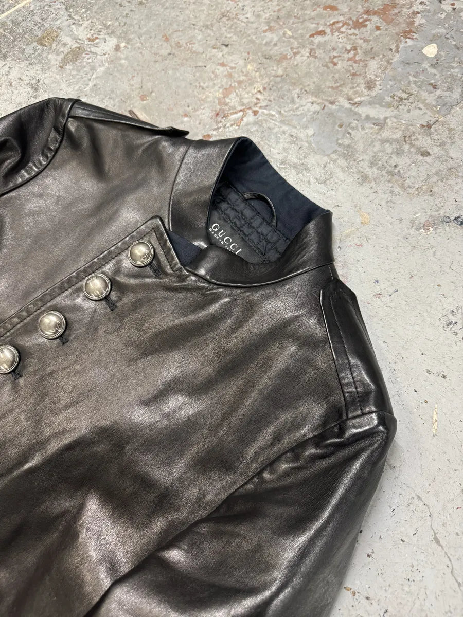 2000s Gucci Black Asymmetrical Buttoned Leather Jacket KZoqrWy 5