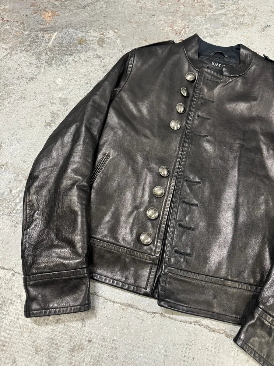 2000s Gucci Black Asymmetrical Buttoned Leather Jacket KZoqrWy 6