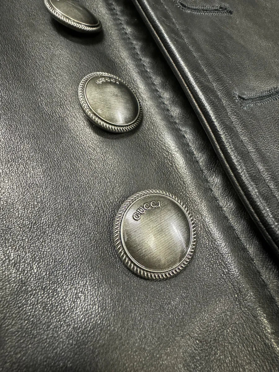 2000s Gucci Black Asymmetrical Buttoned Leather Jacket KZoqrWy 7