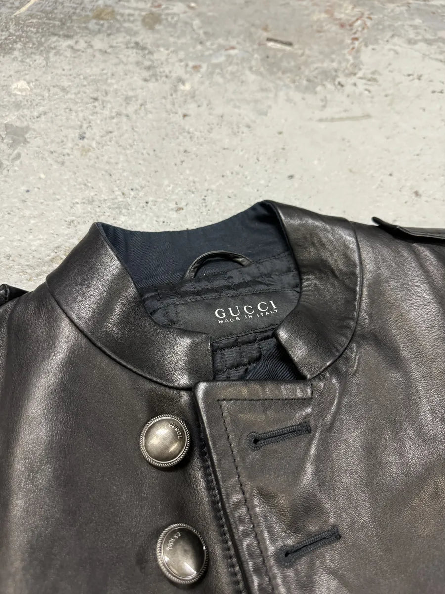 2000s Gucci Black Asymmetrical Buttoned Leather Jacket KZoqrWy 8