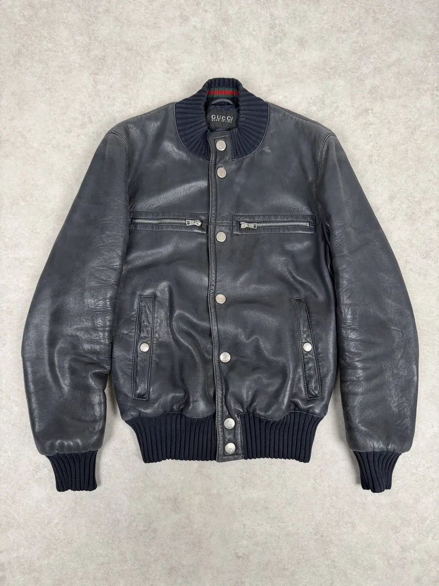 2000s Gucci Black Buttoned Leather Bomber Jacket MSmPvcw 0