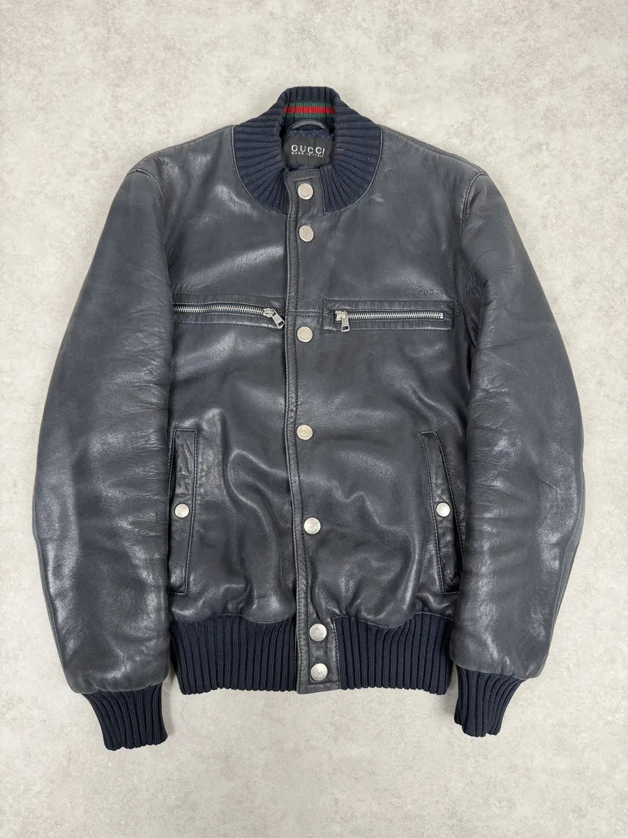 2000s Gucci Black Buttoned Leather Bomber Jacket MSmPvcw 4