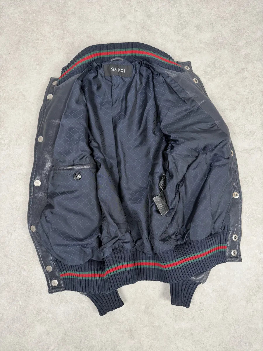 2000s Gucci Black Buttoned Leather Bomber Jacket MSmPvcw 5