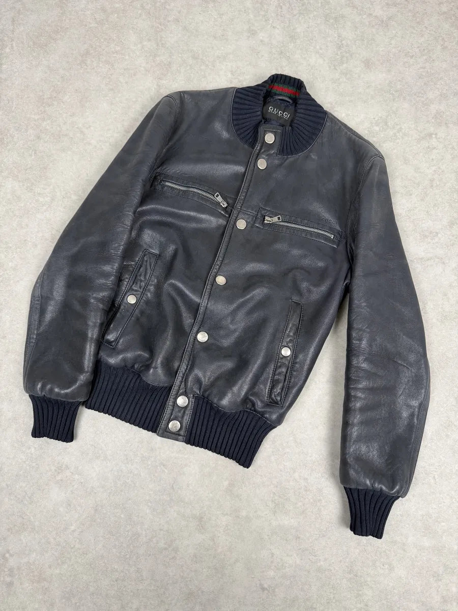 2000s Gucci Black Buttoned Leather Bomber Jacket MSmPvcw 8