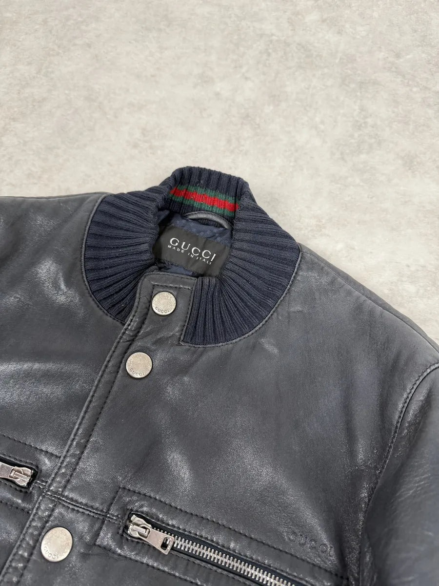 2000s Gucci Black Buttoned Leather Bomber Jacket MSmPvcw 9