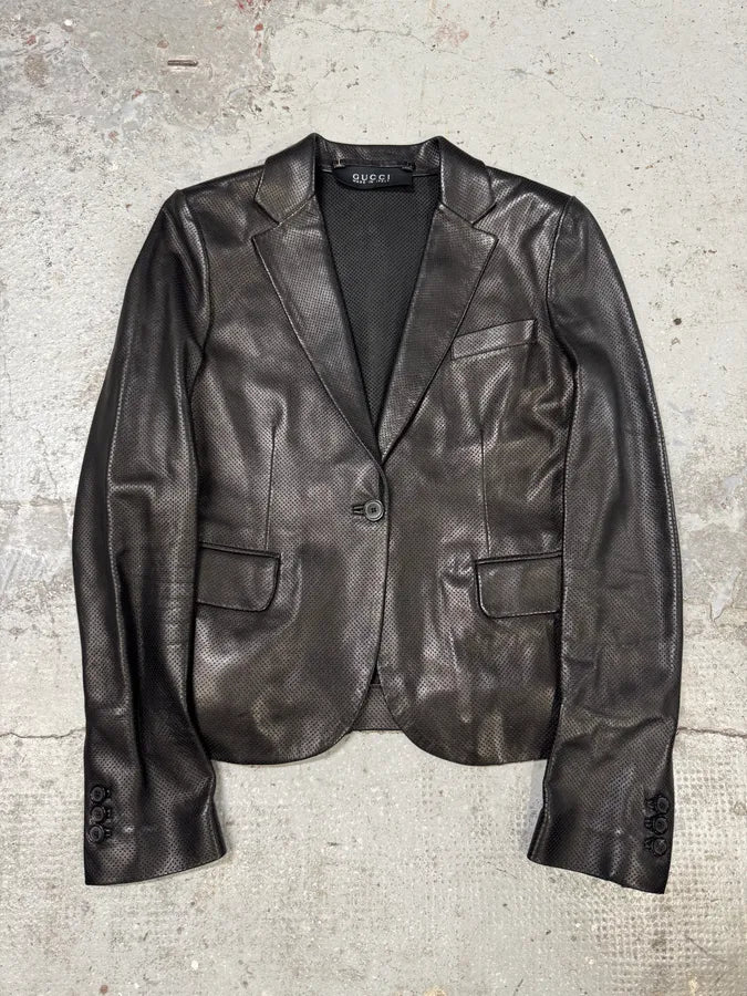 2000s Gucci Black Holes Leather Suit Jacket (S) BdHmwnl 0