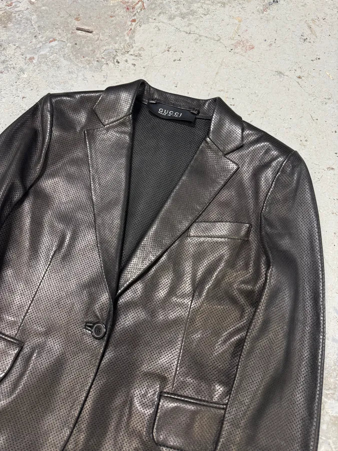 2000s Gucci Black Holes Leather Suit Jacket (S) BdHmwnl 3