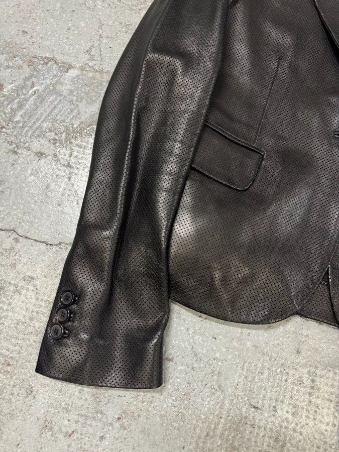 2000s Gucci Black Holes Leather Suit Jacket (S) BdHmwnl 4