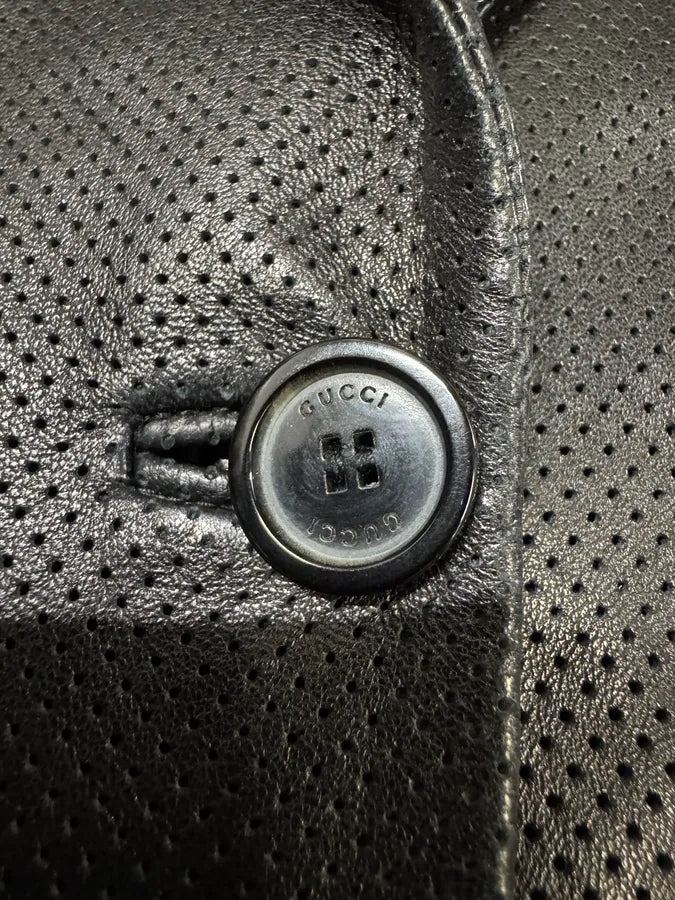 2000s Gucci Black Holes Leather Suit Jacket (S) BdHmwnl 7
