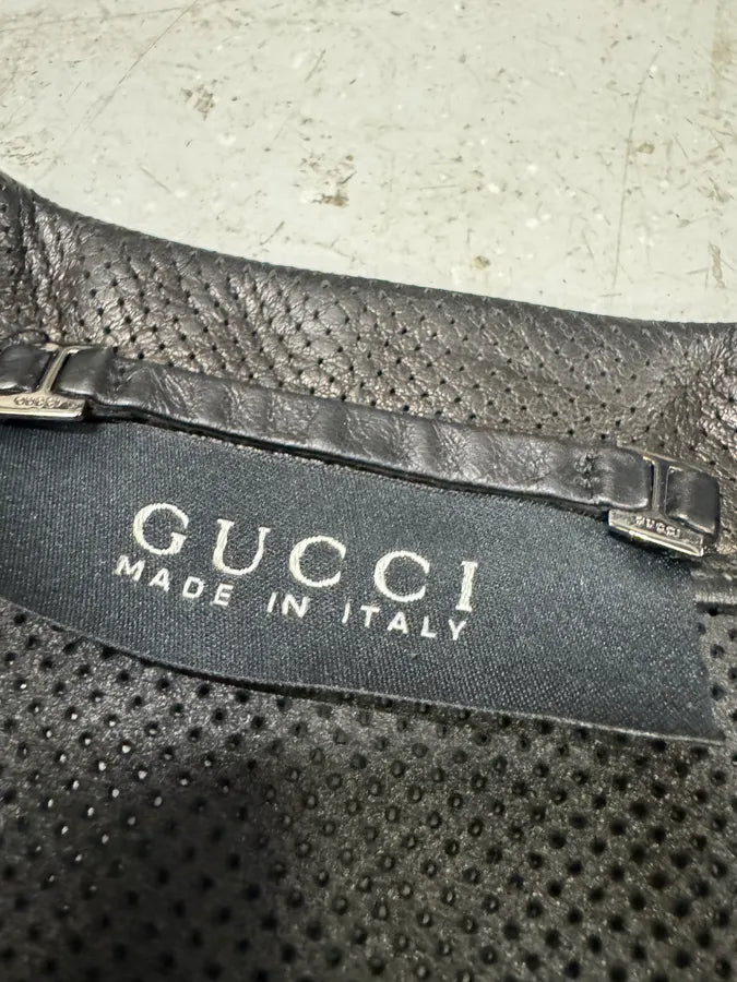 2000s Gucci Black Holes Leather Suit Jacket (S) BdHmwnl 9