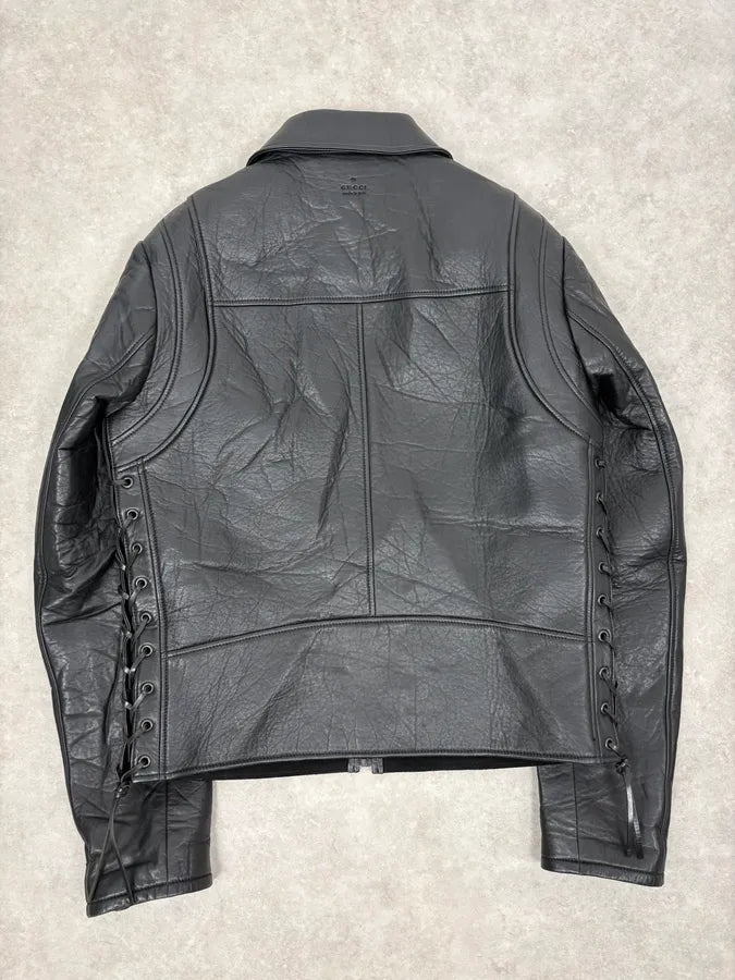 2010s Gucci Black Laced Biker Leather Jacket COpdfqk 5