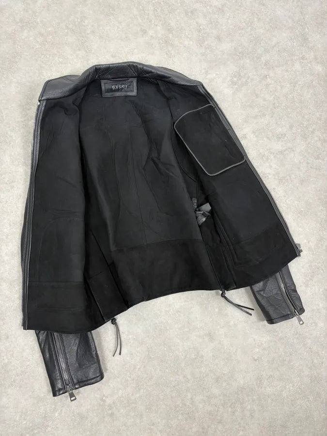2010s Gucci Black Laced Biker Leather Jacket COpdfqk 6