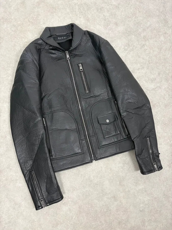 2010s Gucci Black Laced Biker Leather Jacket COpdfqk 3
