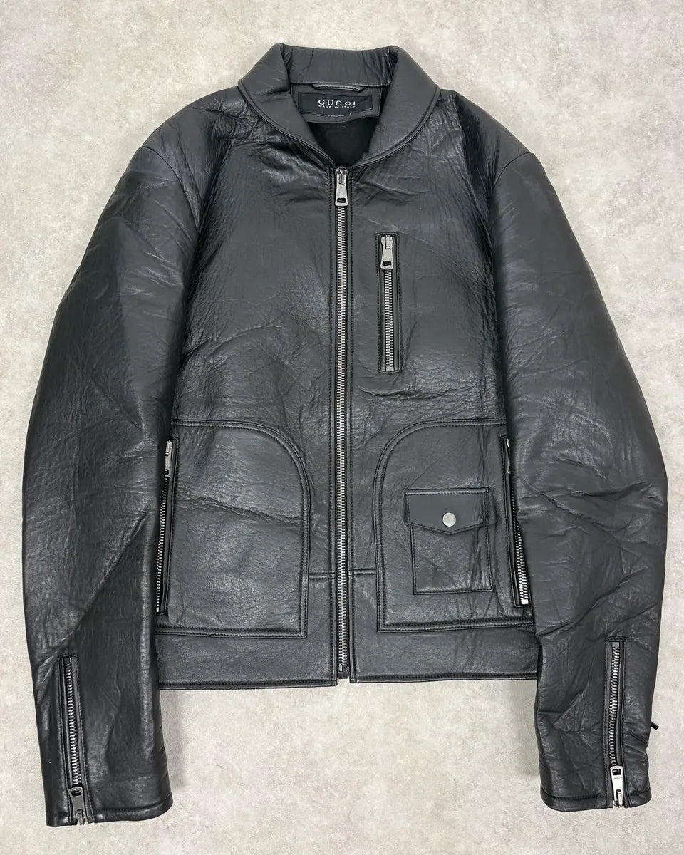 2010s Gucci Black Laced Biker Leather Jacket COpdfqk 0