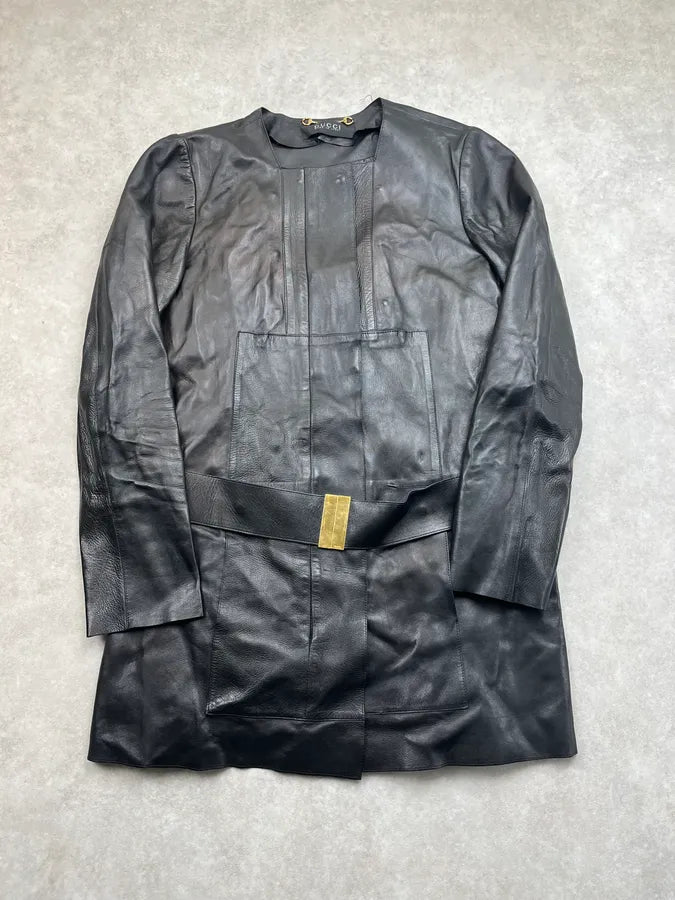 AW2002 Gucci Black Leather Belted Long Jacket by Tom Ford CHkGHwN 3