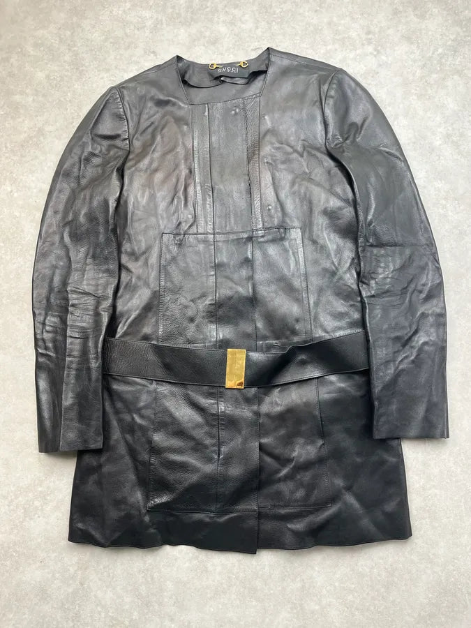 AW2002 Gucci Black Leather Belted Long Jacket by Tom Ford CHkGHwN 0