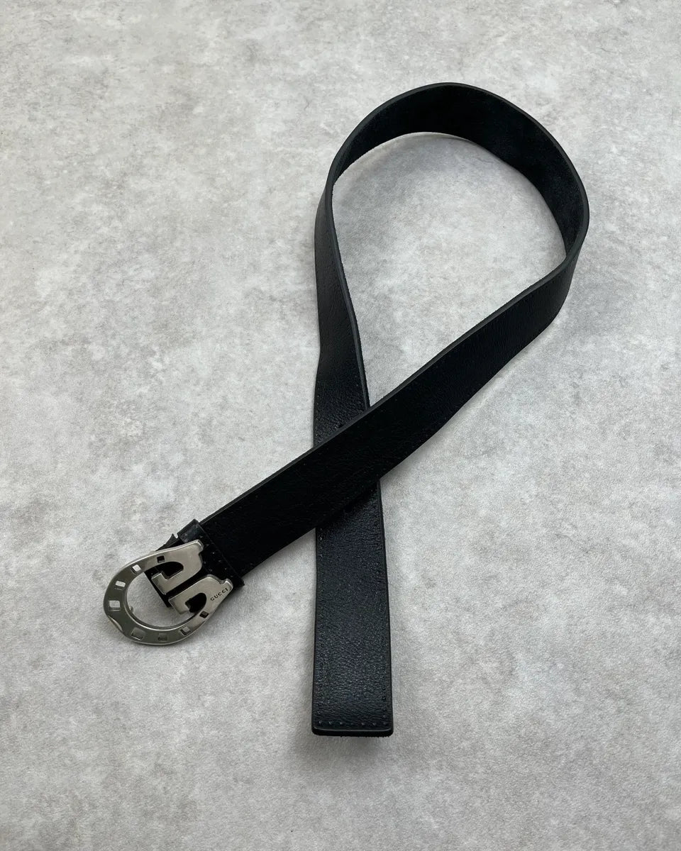 2000s Gucci Black Leather Horseshoe Buckle Belt atshizj 0