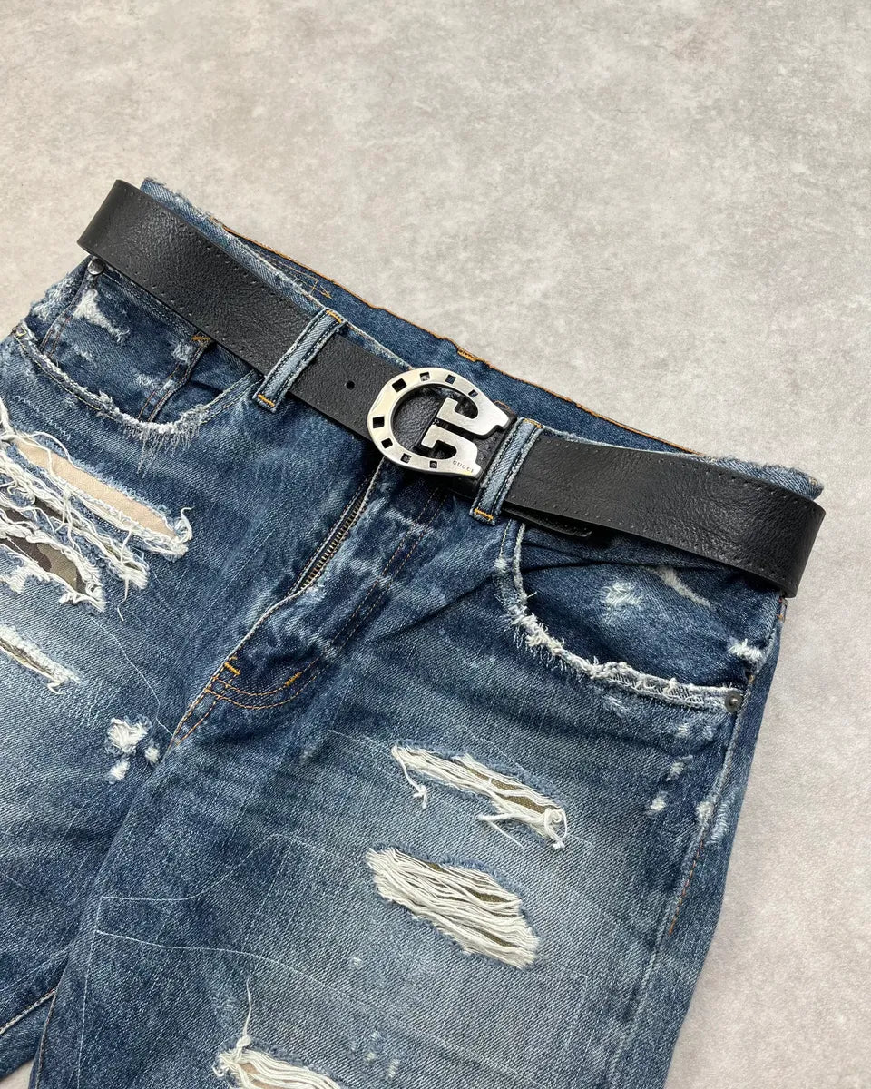 2000s Gucci Black Leather Horseshoe Buckle Belt atshizj 1