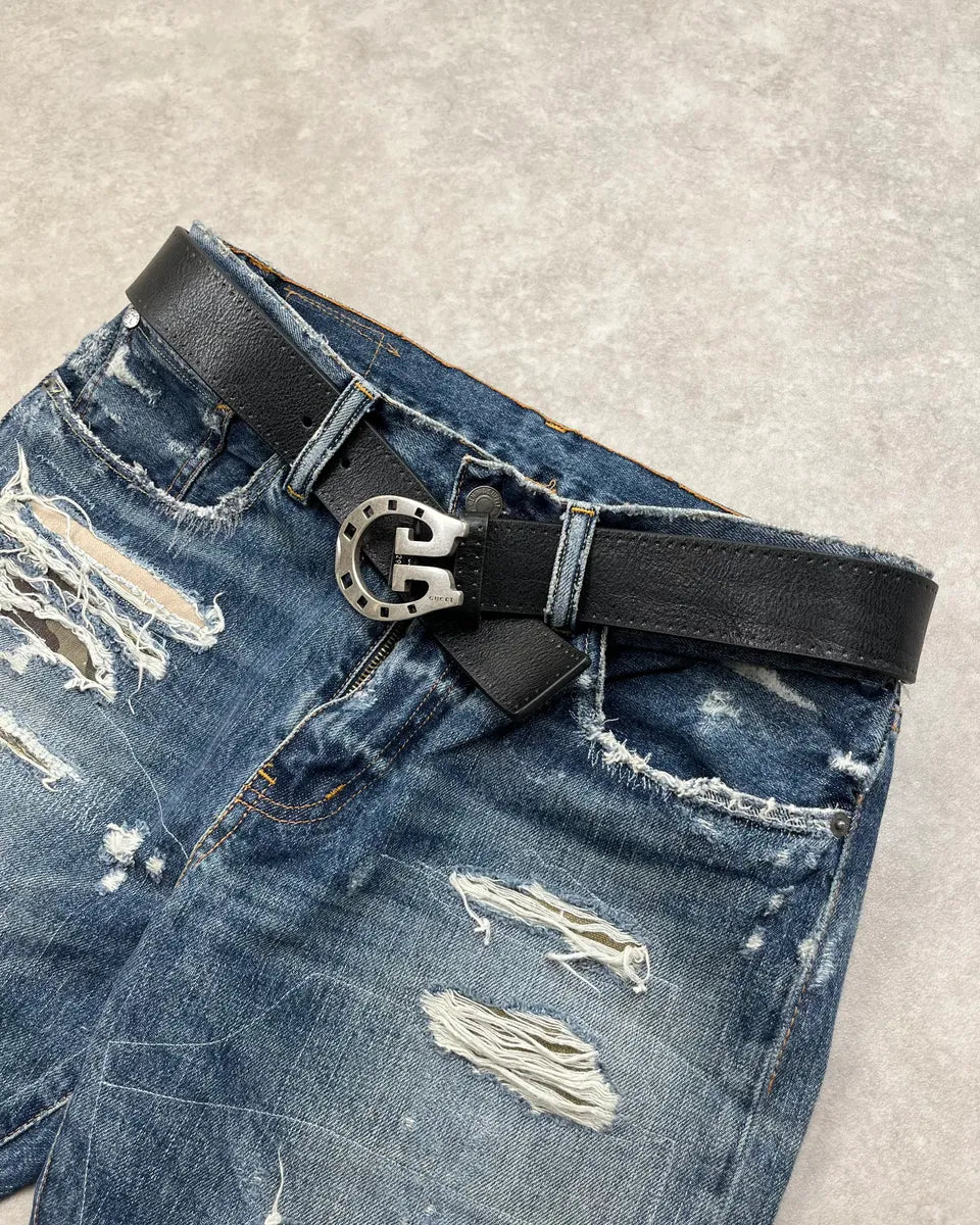 2000s Gucci Black Leather Horseshoe Buckle Belt atshizj 2