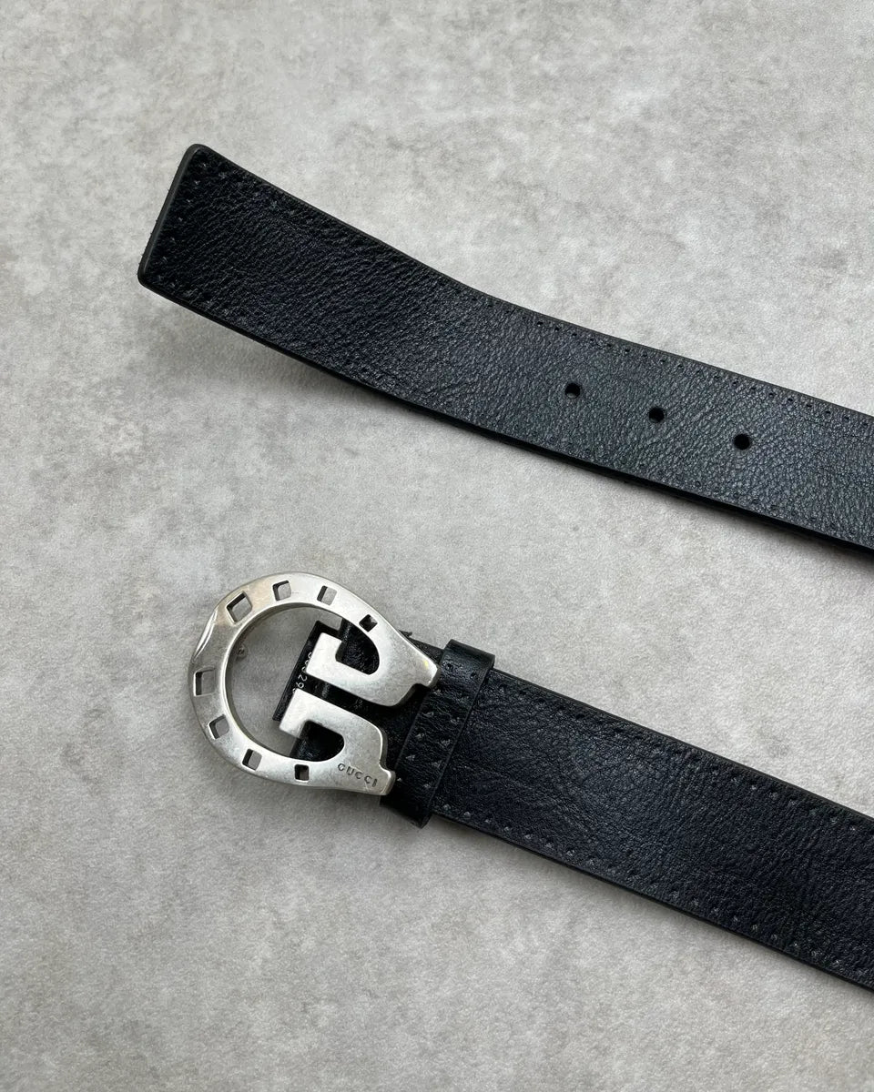2000s Gucci Black Leather Horseshoe Buckle Belt atshizj 3