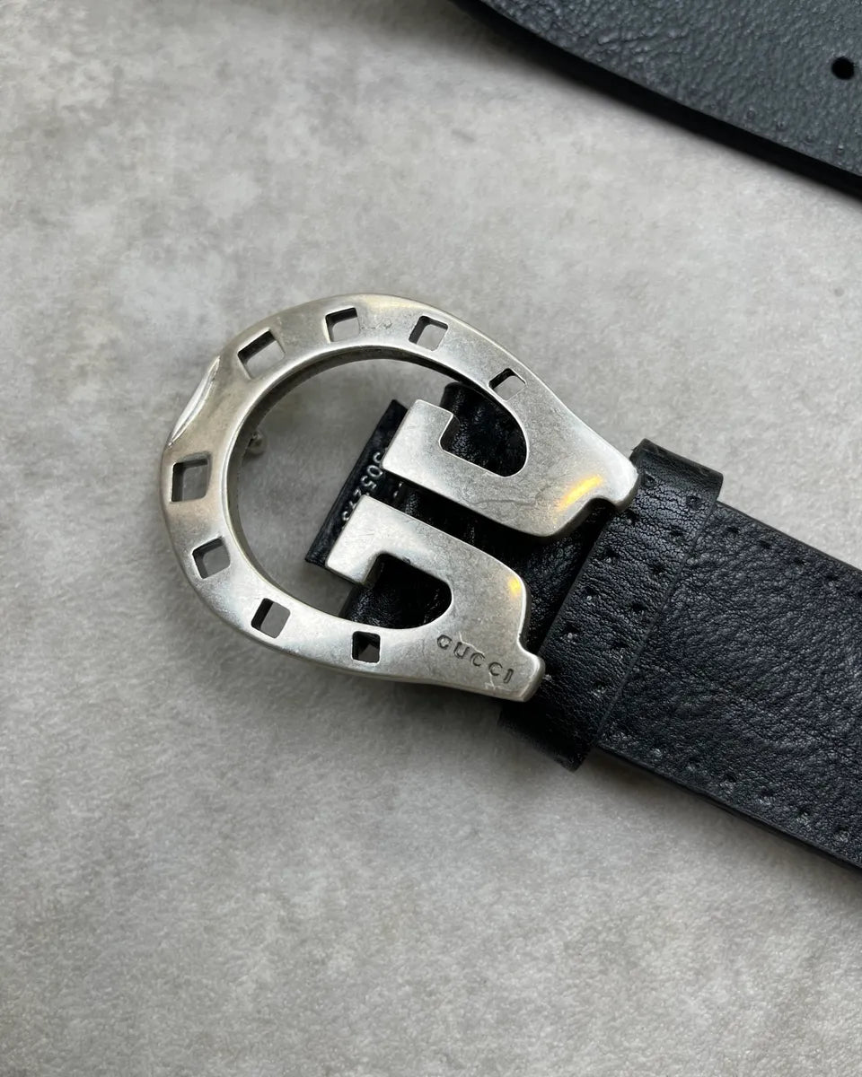 2000s Gucci Black Leather Horseshoe Buckle Belt atshizj 4