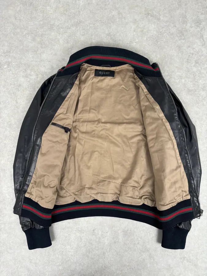 2000s Gucci Black Leather Light Bomber Jacket iBlDqUH 6