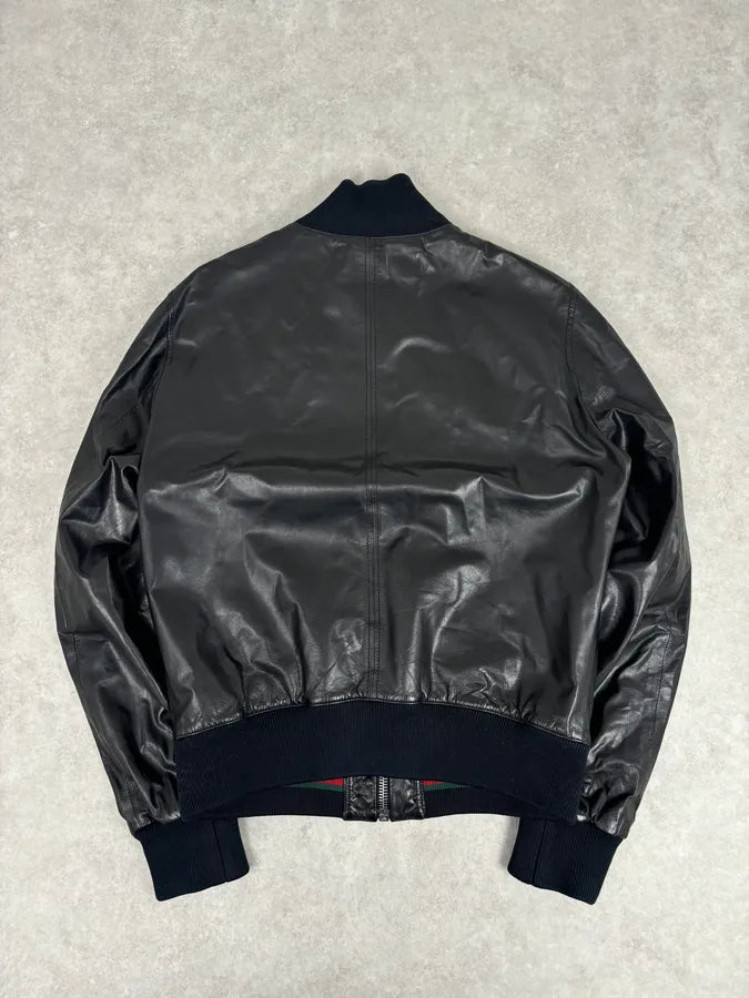 2000s Gucci Black Leather Light Bomber Jacket iBlDqUH 4