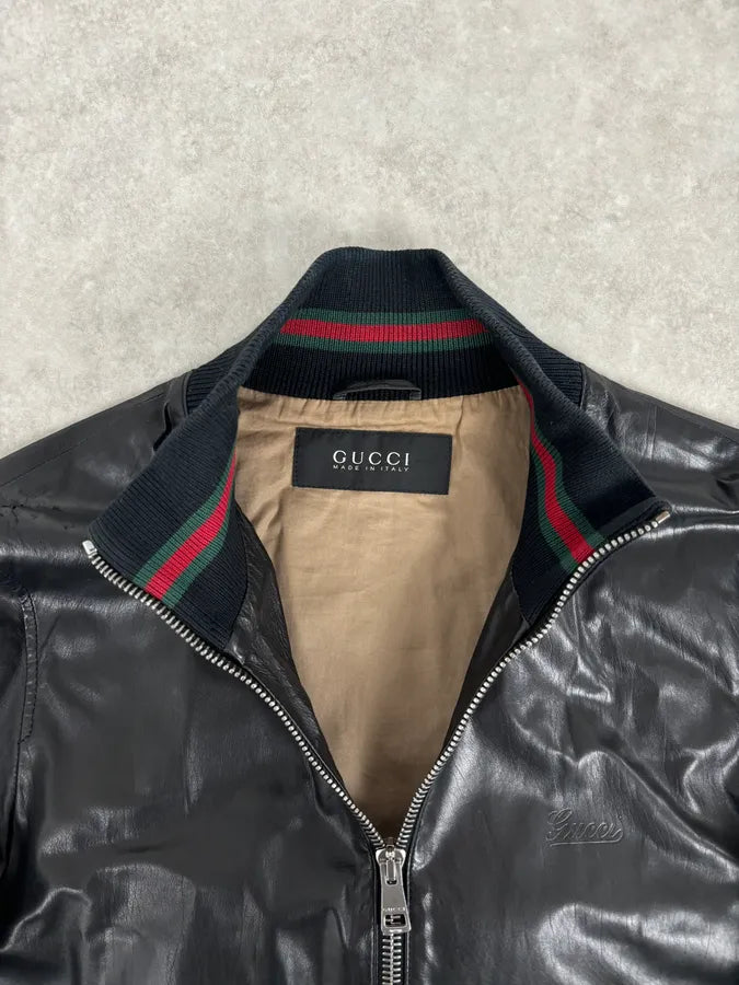 2000s Gucci Black Leather Light Bomber Jacket iBlDqUH 3