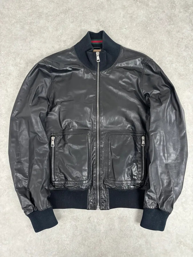 2000s Gucci Black Leather Light Bomber Jacket iBlDqUH 0