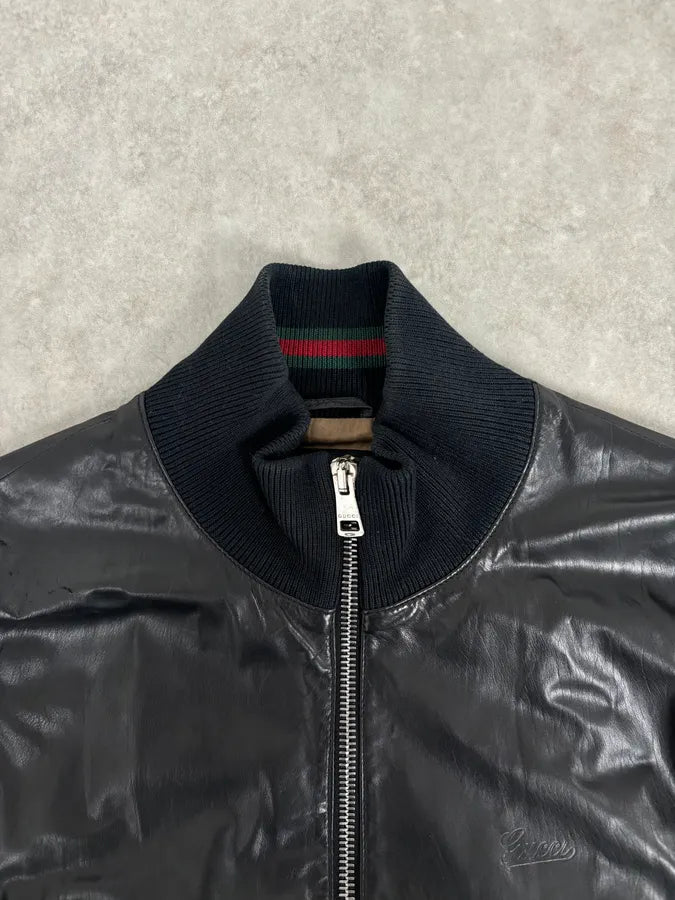2000s Gucci Black Leather Light Bomber Jacket iBlDqUH 7