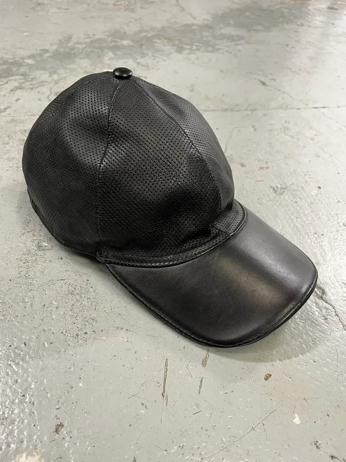 2000s Gucci Black Leather Perfored Cap MHhFoIN 0