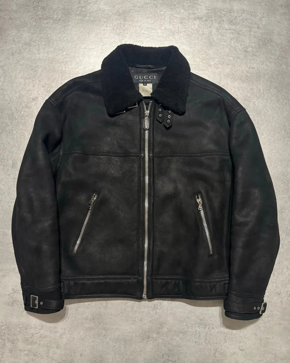 2000s Gucci Black Leather Shearling Aviator Jacket (M/L) 0