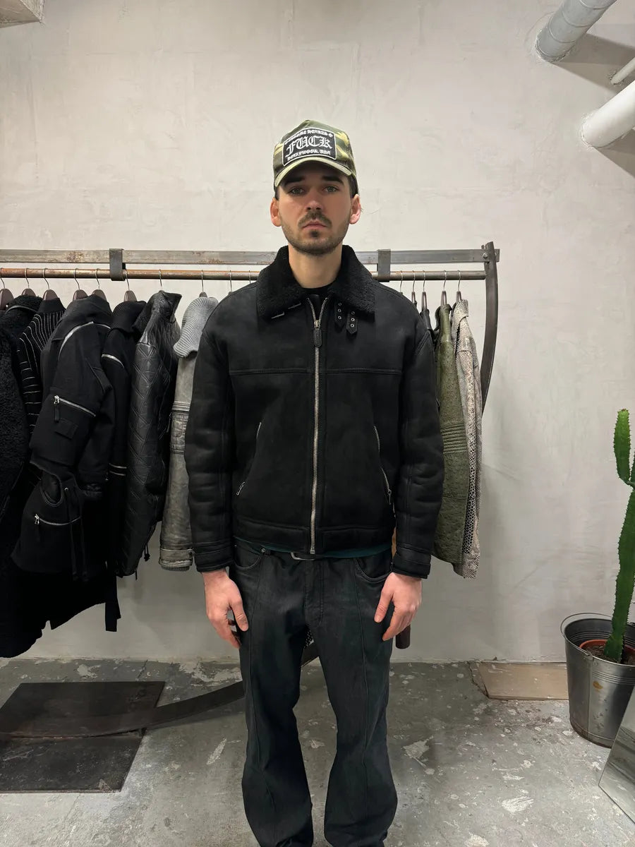 2000s Gucci Black Leather Shearling Aviator Jacket (M/L) 1