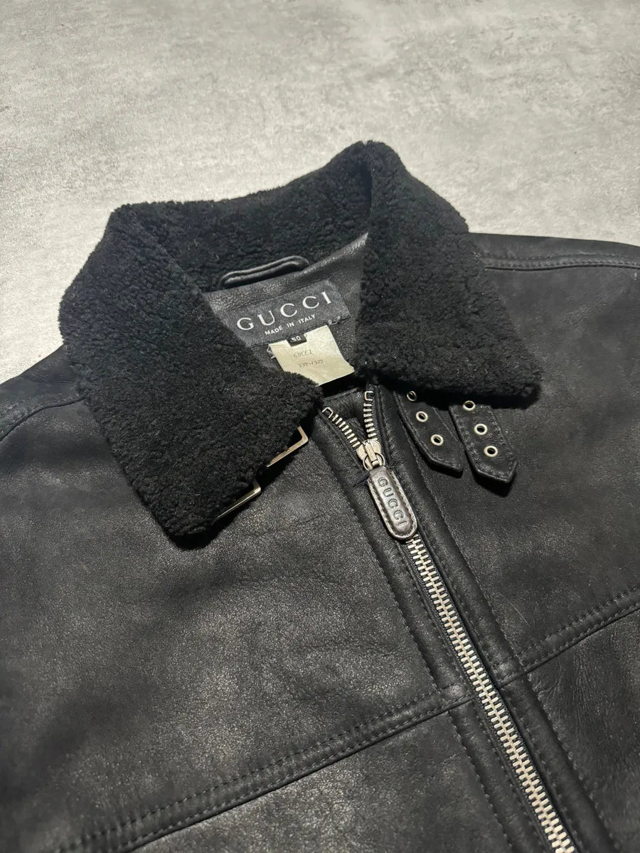2000s Gucci Black Leather Shearling Aviator Jacket (M/L) 10