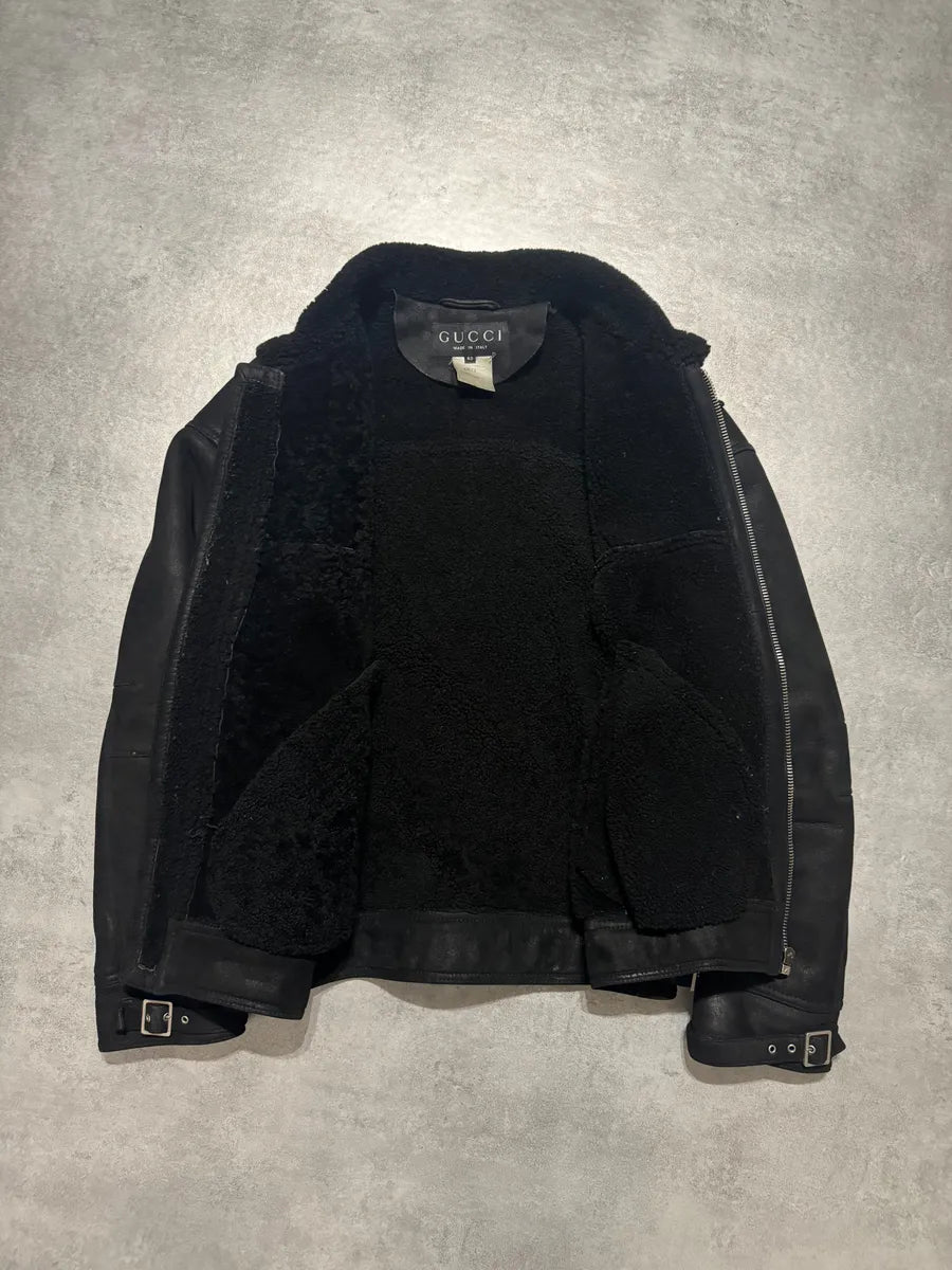 2000s Gucci Black Leather Shearling Aviator Jacket (M/L) 5