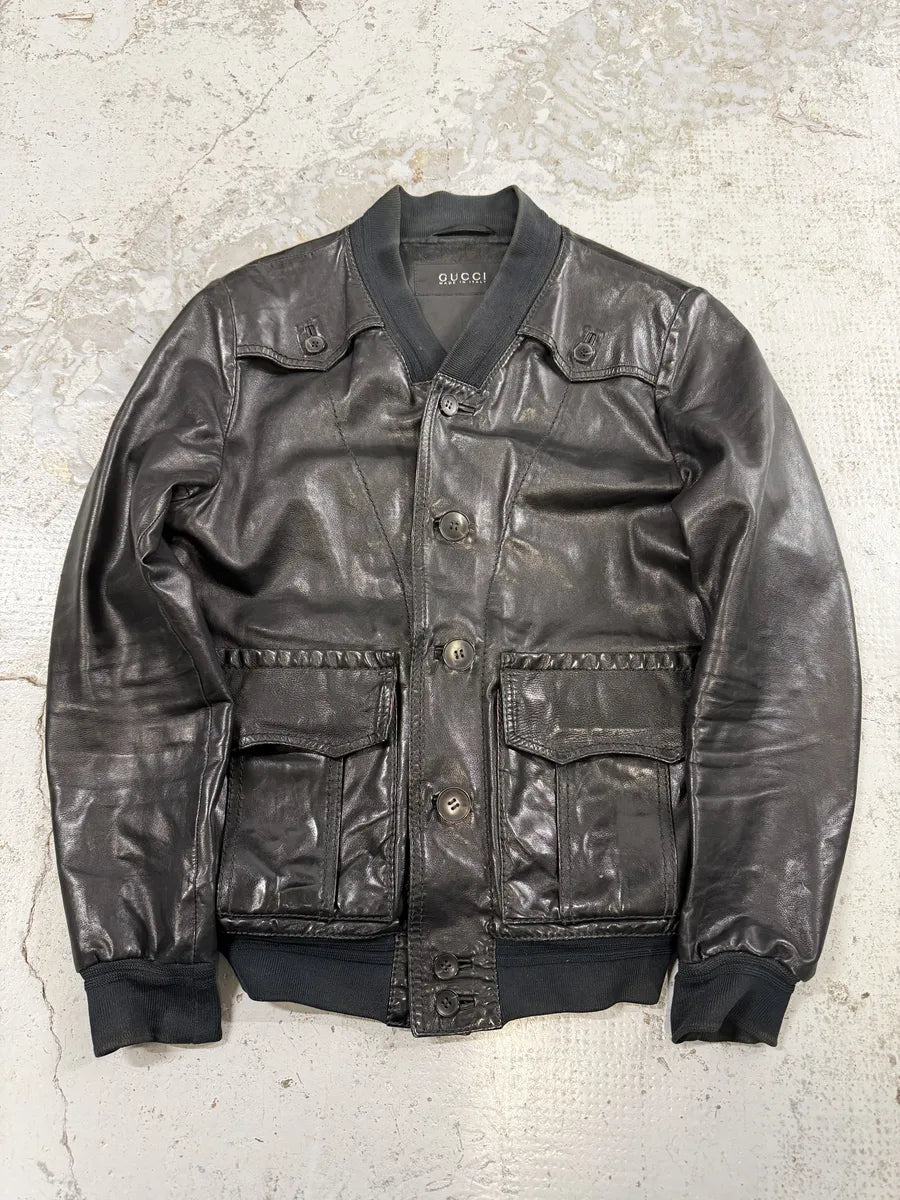2000s Gucci Black Light Buttoned Leather Jacket iyUTnfN 0