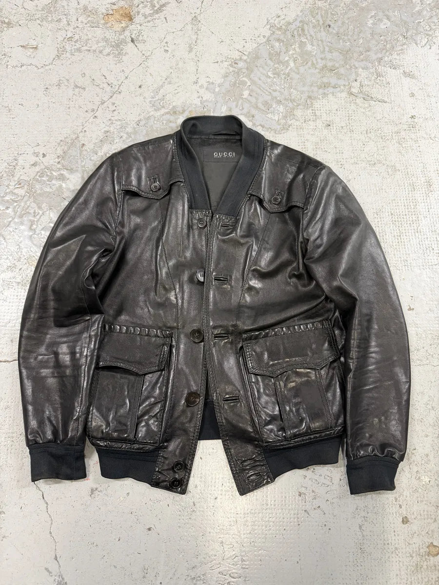 2000s Gucci Black Light Buttoned Leather Jacket iyUTnfN 4