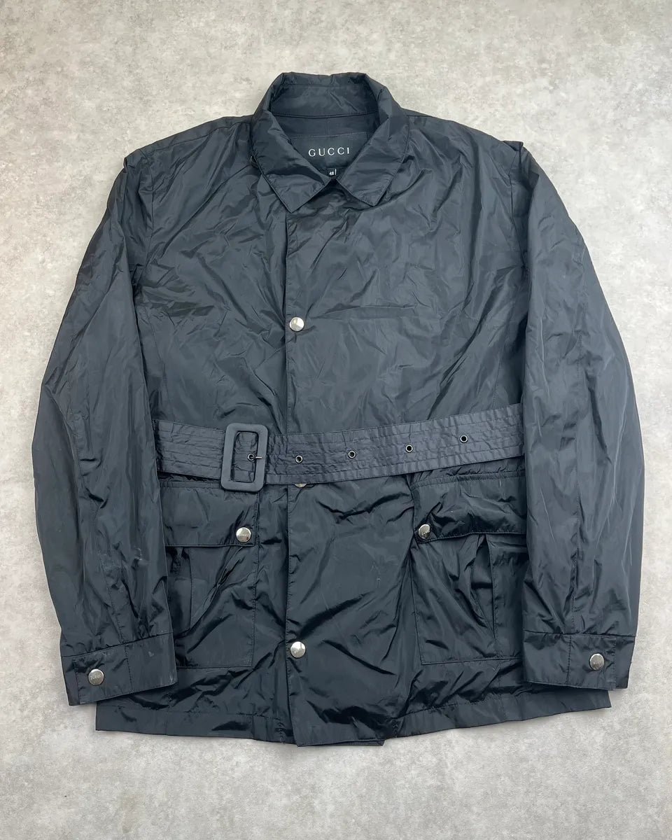 1990s Gucci Black Nylon Belted Long Harrington Jacket by Tom Ford QuniHAl 0