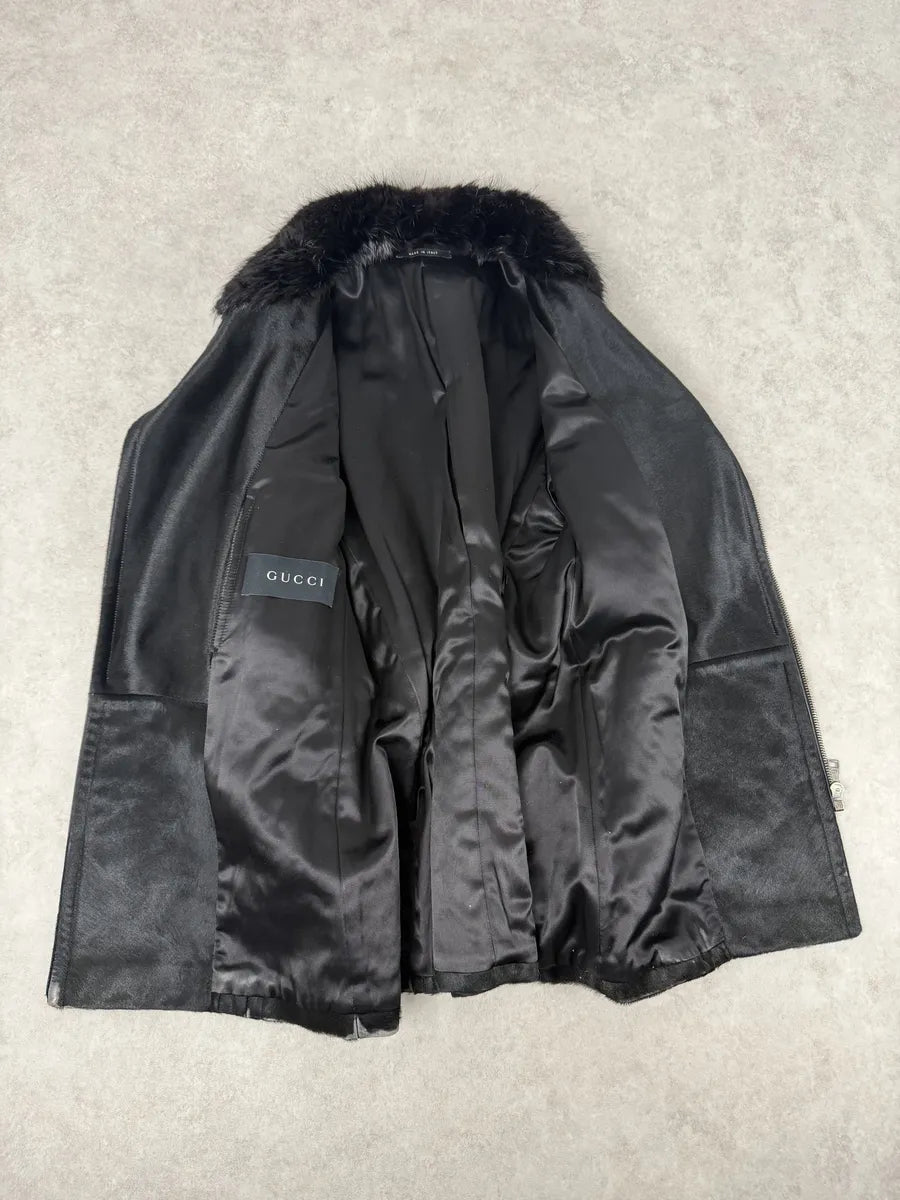 2000s Gucci Black Pony Fur Leather Multi Zips Long Jacket by Tom Ford rkRSwlO 11