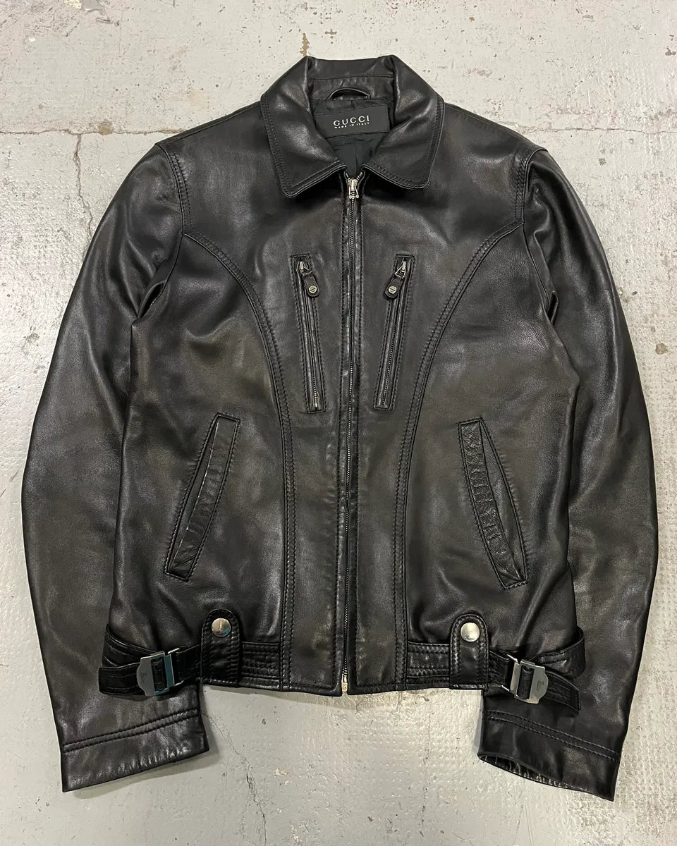 2000s Gucci Black Premium Biker Leather Jacket XlBeNpf 0