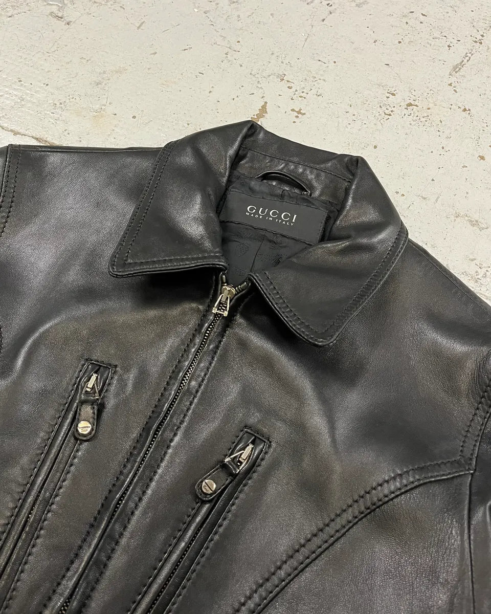 2000s Gucci Black Premium Biker Leather Jacket XlBeNpf 4