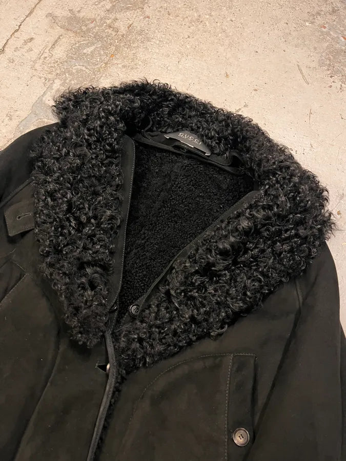 2000s Gucci Black Shearling Leather Belted Trench Coat HEwjocG 5