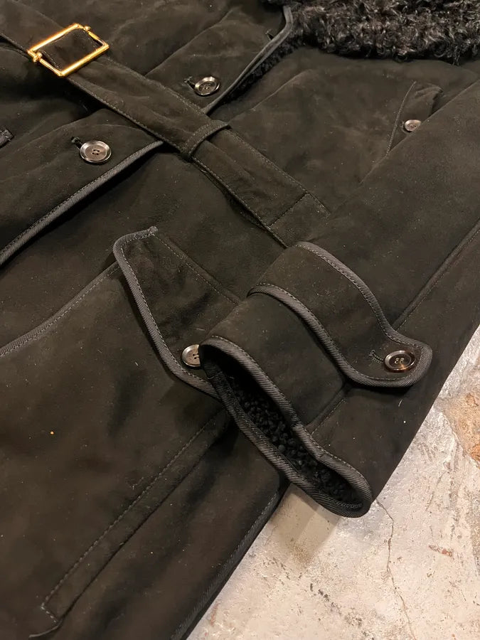 2000s Gucci Black Shearling Leather Belted Trench Coat HEwjocG 6