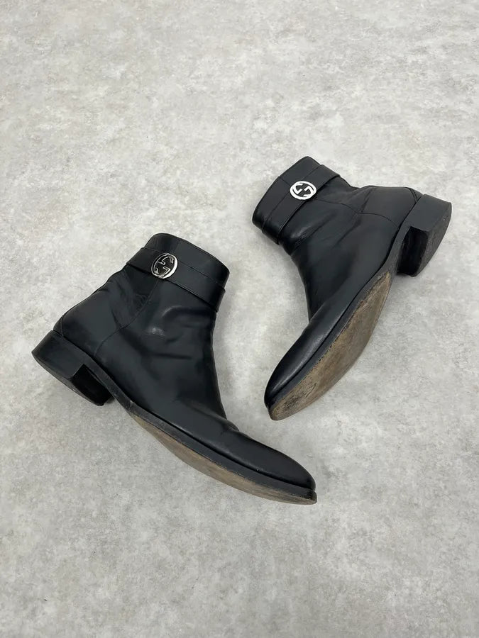 2000s Gucci Black Signature Ankle Leather Boots THqzTsr 1